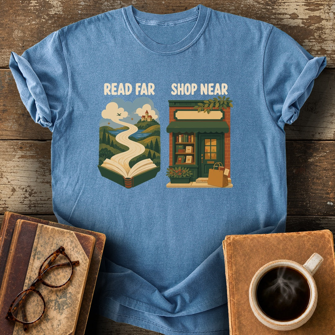 Read Far, Shop Near Tee - blue jean shirt mockup